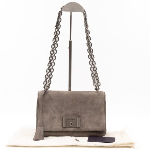 Chain Flap Shoulder Bag Grey Suede