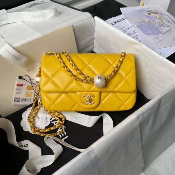 Chanel AS4861 Small Flap Bag Pearl Lambskin Faux Pearl & Gold Metal Yellow
