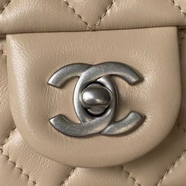 Chanel 23K AS1787 Mini Pearl Embossed Rectangular Flap Bag Lambskin Brushed Silver Metal Hardware Apricot