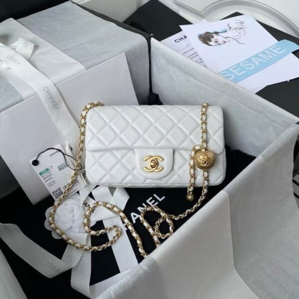 Chanel 23K AS1787 Mini Pearl Embossed Rectangular Flap Bag Lambskin Brushed Metal Hardware White