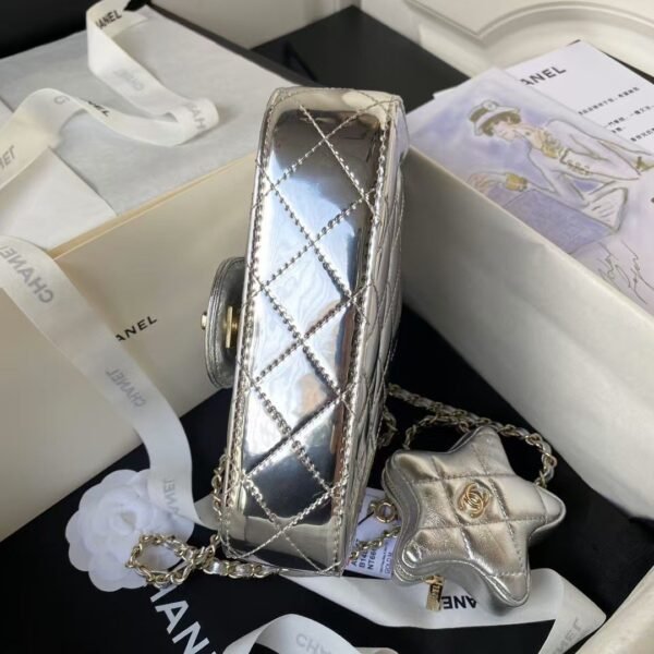Chanel AS4647 Mini Flap Bag With Star Coin Purse Metallic Calfskin & Gold Metallic Silver
