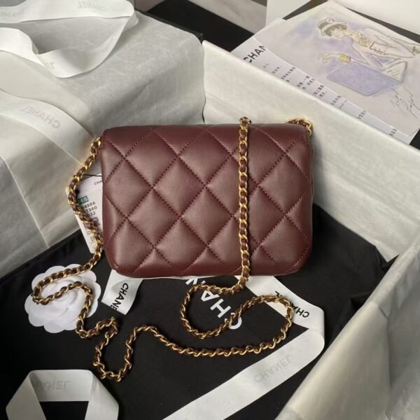 Chanel AS4986 Mini Flap bag Shiny Lambskin Imitation Pearls & Gold-Tone Metal Wine Red