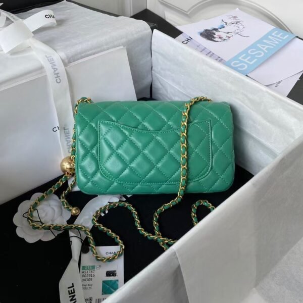 Chanel 23K AS1787 Mini Pearl Embossed Rectangular Flap Bag Lambskin Brushed Metal Hardware Green