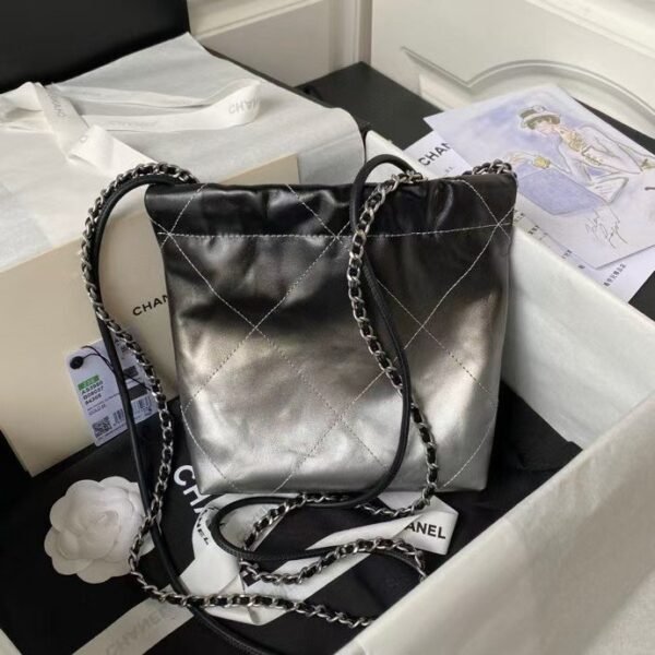 Chanel 22 AS3980 Mini Tote Shiny Calfskin & Silver Metal Silver Black