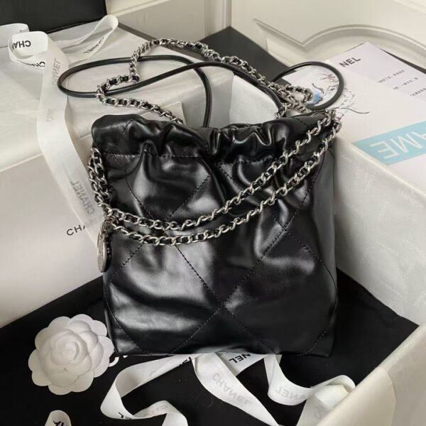 Chanel 22 AS3980 Mini Tote Bag Shiny Calfskin & Silver Metal Black