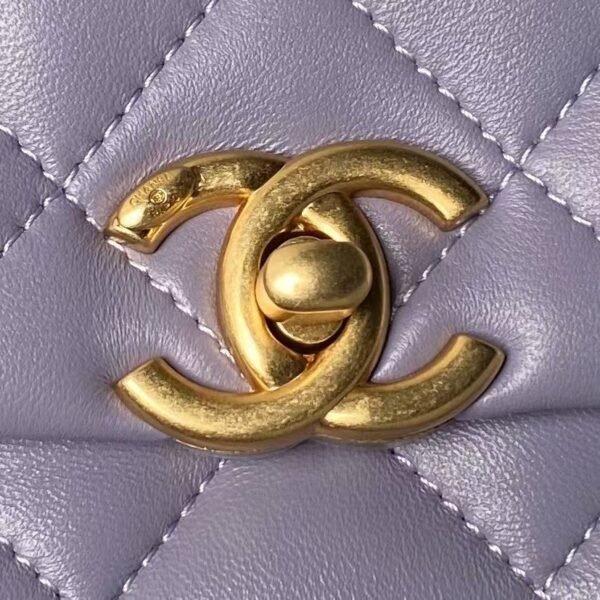 Chanel AS5001 Mini Flap Bag Top Handle Shiny Lambskin Faux Pearl & Gold Metallic Purple
