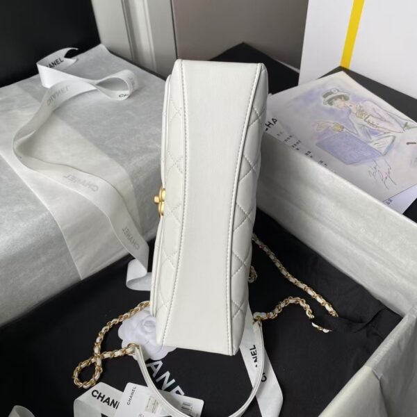 Chanel AS4997 Flap Bag Top Handle Shiny Lambskin Imitation Pearl & Gold Metal White