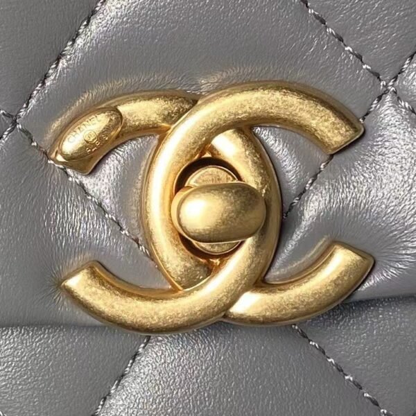 Chanel AS4997 Flap Bag Top Handle Shiny Lambskin Imitation Pearl & Gold Metal Grey